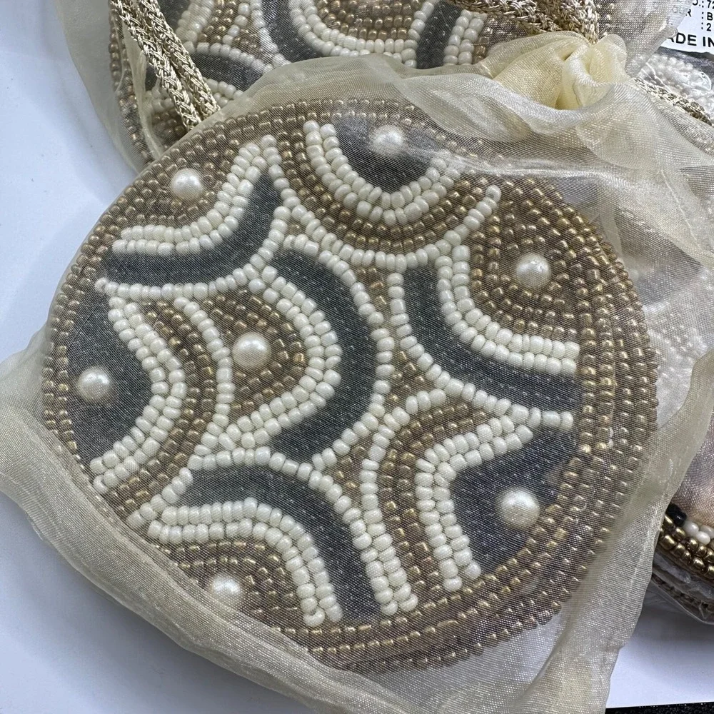 MACKENZIE CHILDS SET OF 4 SAVOY BLACK & GOLD BEADED COASTERS NEW IN ORGANZA BAG